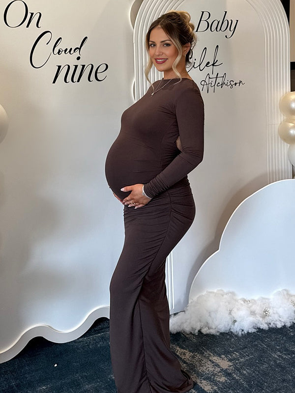Momyknows Brown Ruched Backless Bodycon Elegant Maternity Maxi Dress Brown / M