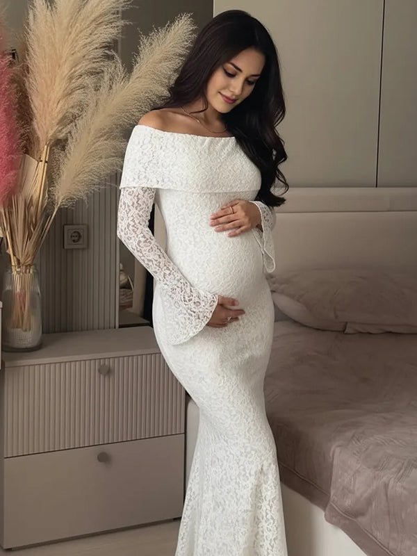 Momyknows Lace Off Shoulder Flare Sleeve Bodycon Maternity Maxi Dress