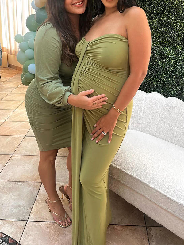 Momyknows Bandeau Ruched Draped Baby Shower Maternity Maxi Dress