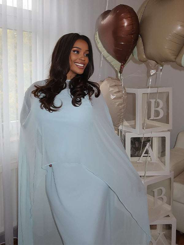 Momyknows Blue Shawl Grenadine Baby Boy Shower Maternity Maxi Dress