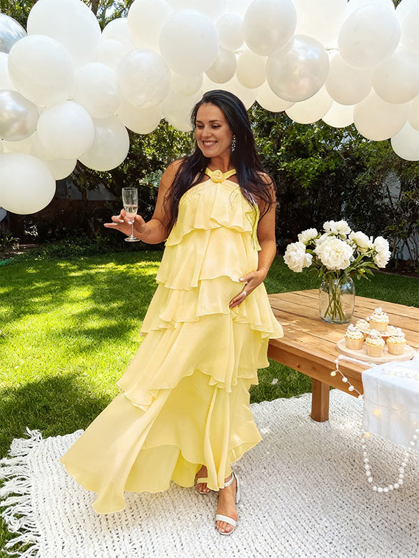 Momyknows Yellow 3D Flower Cake Ruffle Baby Shower Maternity Maxi Dress