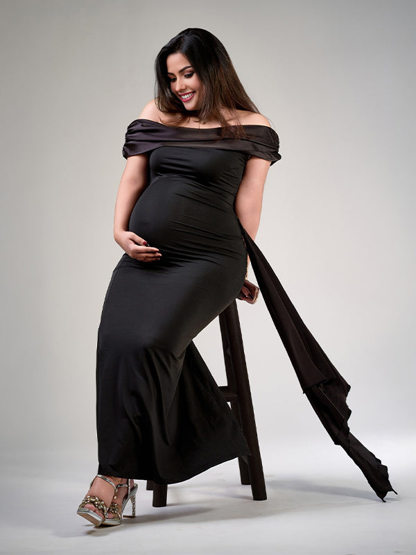 Momyknows Black Off Shoulder Draped Silk Photoshoot Maternity Maxi Dress