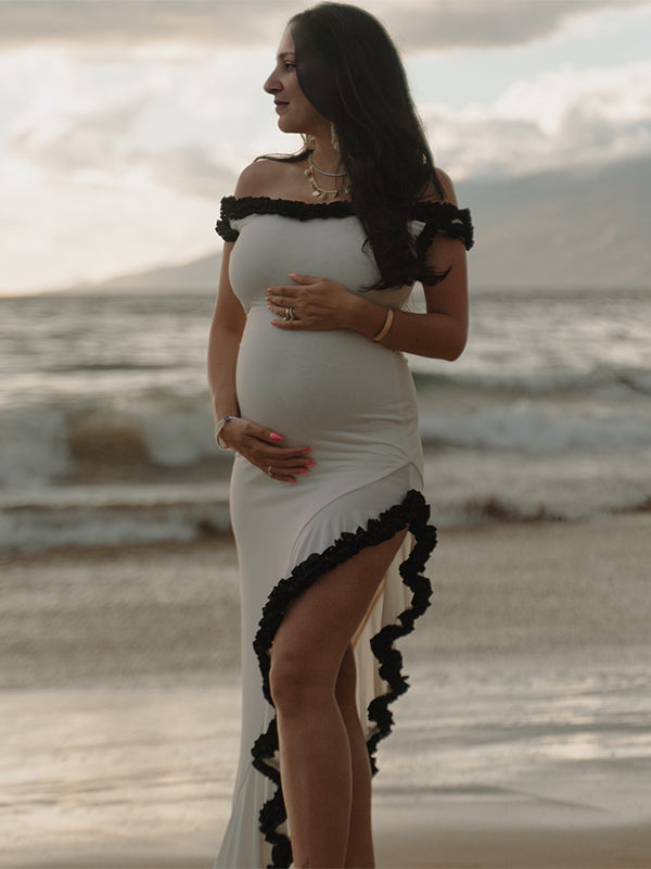 Momyknows Off Shoulder Ruffle Irregular Photoshoot Maternity Maxi Dress