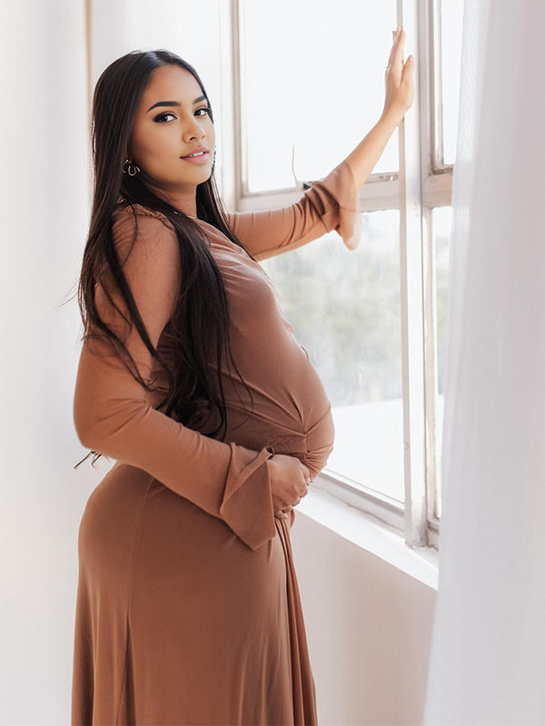 Momyknows Coffee Ruched Twist Photoshoot Maternity Maxi Dress