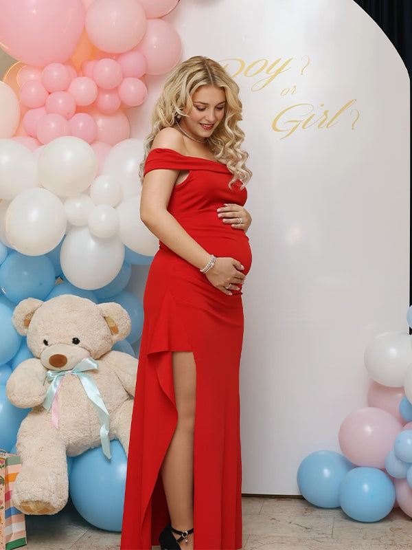 Momyknows Red Off Shoulder Side Slit Ruffle Baby Shower Maternity Maxi Dress
