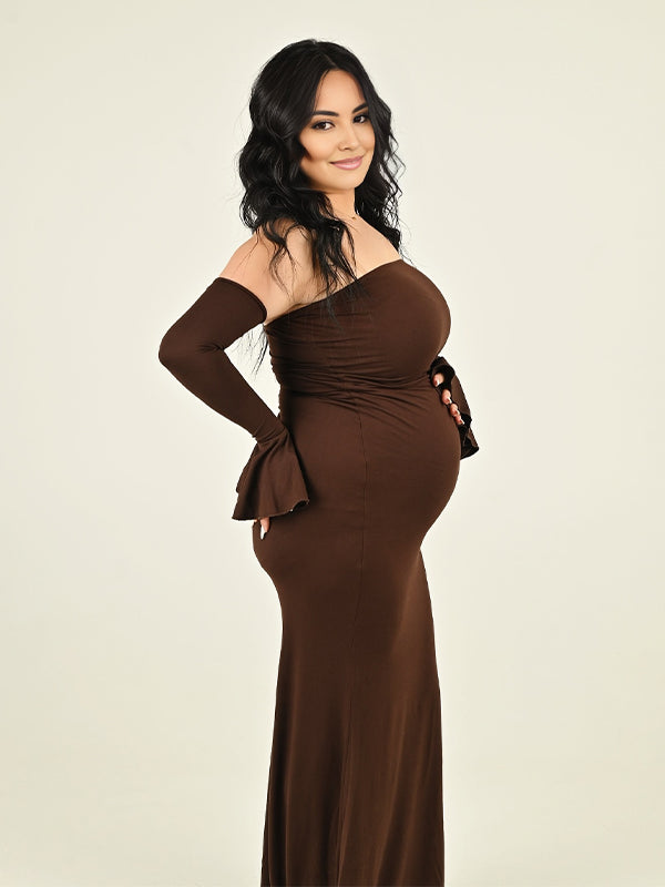 Momyknows Brown Off Shoulder Flare Photoshoot Maternity Maxi Dress