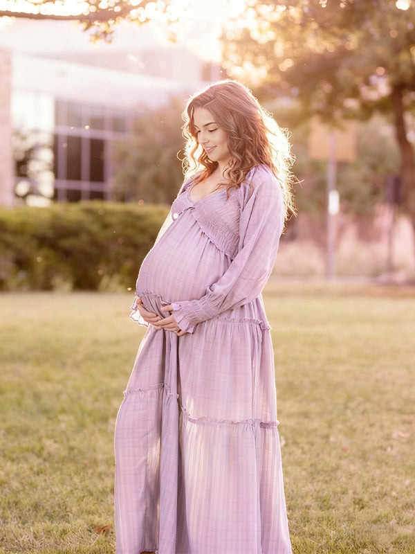 Momyknows Smocked Ruffle Plaid Photoshoot Maternity Maxi Dress