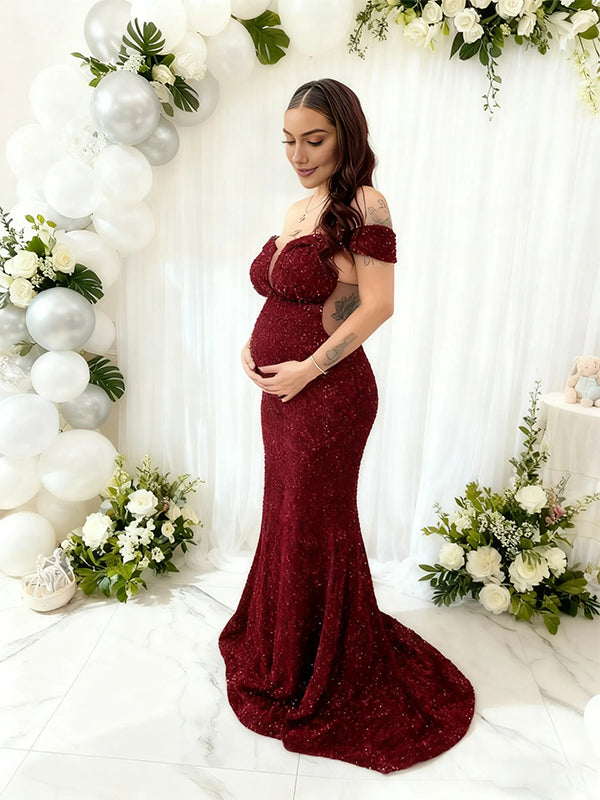 Momyknows Off Shoulder Sequins Gown Baby Shower Maternity Maxi Dress
