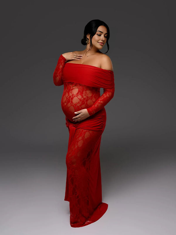 Momyknows Off Shoulder Lace Sheer Draped Twist Photoshoot Maternity Maxi Dress Red / S