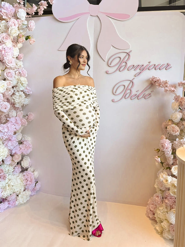 Momyknows White Off Shoulder Olive Green Polka Dot Bodycon Boho Photoshoot Baby Shower Maternity Maxi Dress