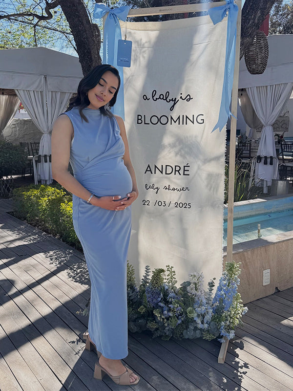 Momyknows Cross Ruched Back Zipper Gender Reveal Baby Boy Shower Maternity Maxi Dress