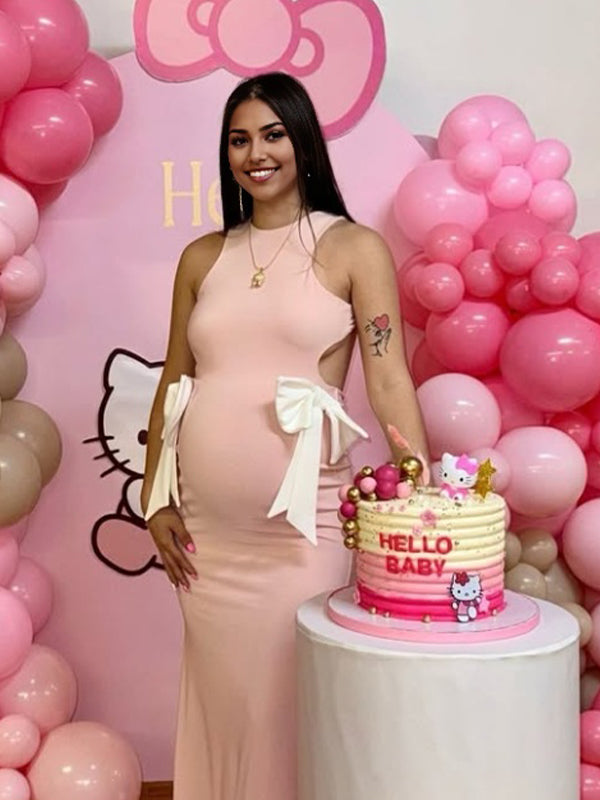 Pink Bow Backless Babyshower Party Maternity Maxi Dress