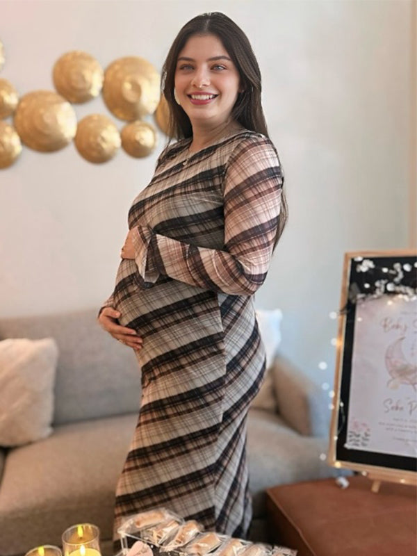 Light Coffee Plaid Irregular Bodycon Babyshower Party Maternity Maxi Dress