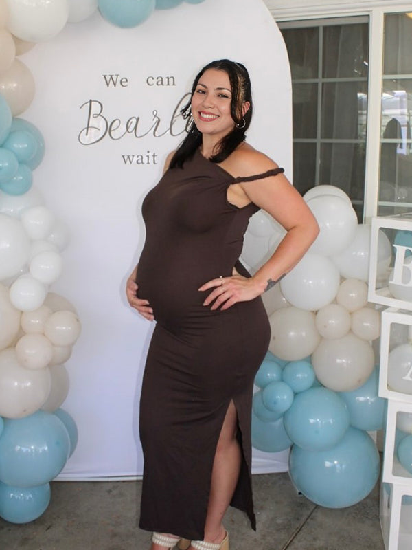 Momyknows Brown Oblique Shoulder Side Slit Babyshower Party Maternity Maxi Dress