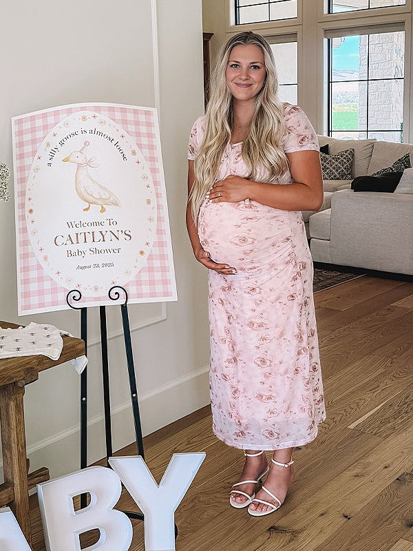 Momyknows Pink Floral Tie Baby Girl Shower Maternity Maxi Dress