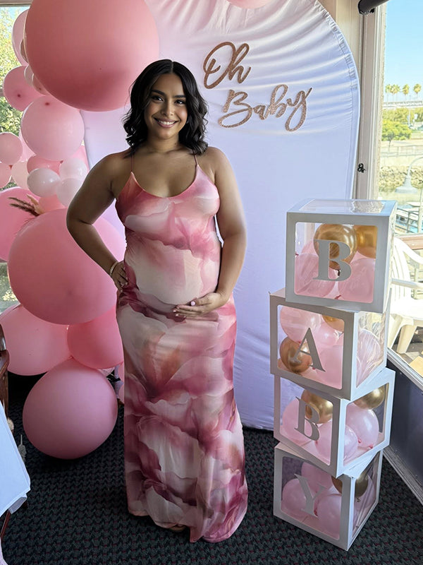 Momyknows Pink Flowers Backless Tie Baby Shower Maternity Maxi Dress