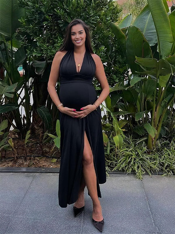Momyknows Side Slit Deep V-neck Backless Maternity Maxi Dress