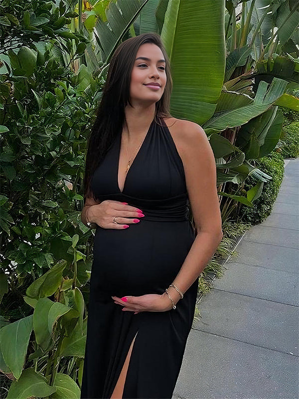 Momyknows Side Slit Deep V-neck Backless Maternity Maxi Dress
