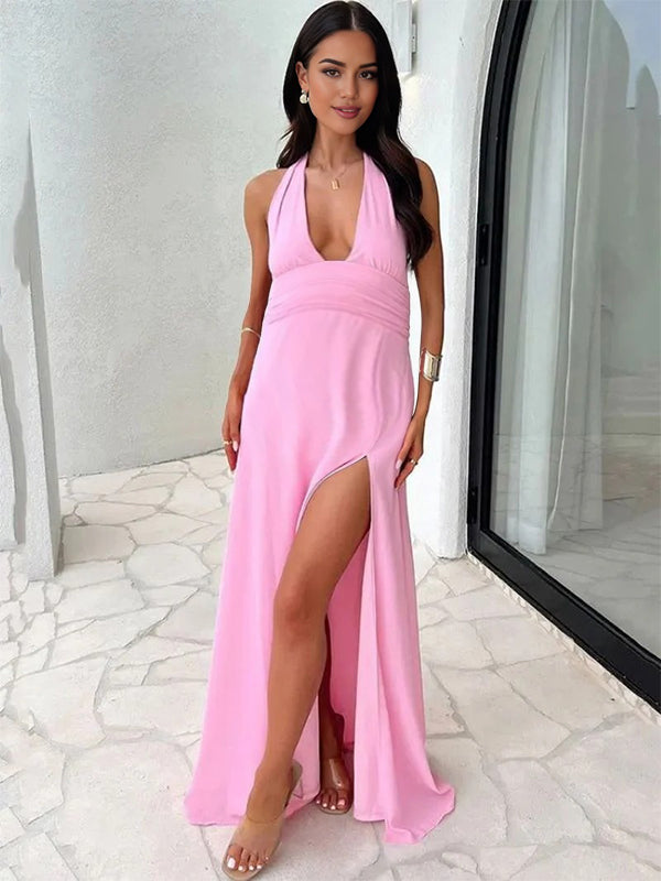 Momyknows Side Slit Deep V-neck Backless Maternity Maxi Dress