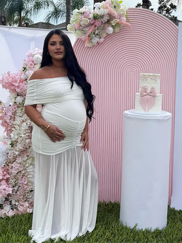 Momyknows White Off Shoulder Ruched Grenadine Sheer Baby Shower Maternity Maxi Dress