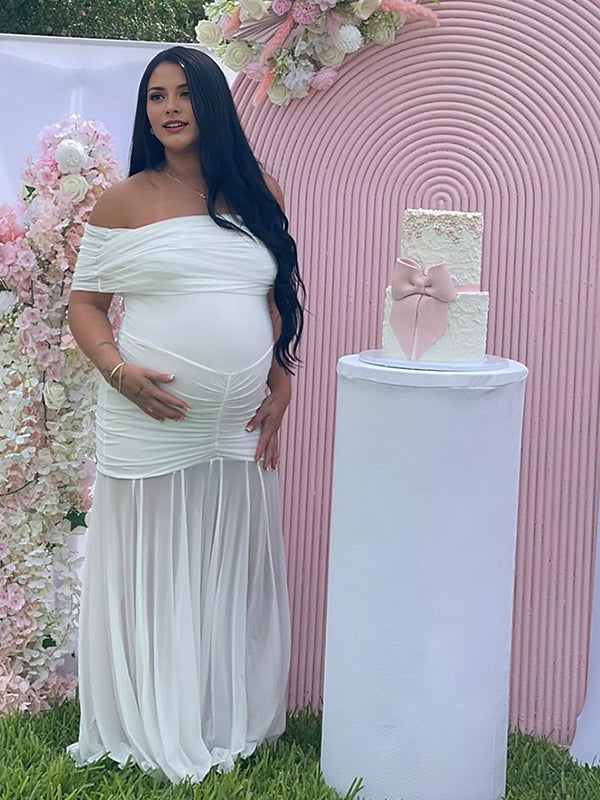 Momyknows White Off Shoulder Ruched Grenadine Sheer Baby Shower Maternity Maxi Dress