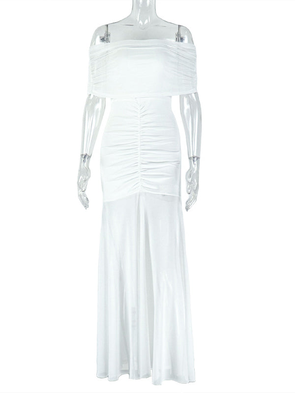 Momyknows White Off Shoulder Ruched Grenadine Sheer Baby Shower Maternity Maxi Dress