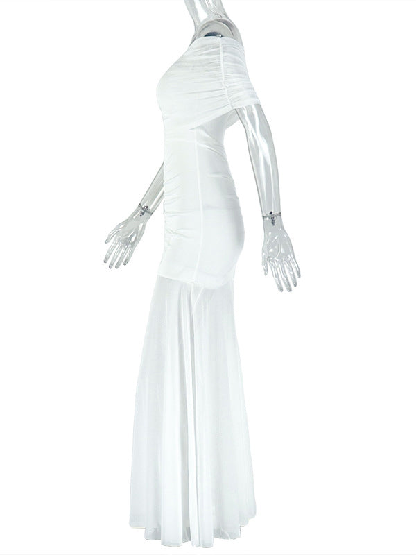 Momyknows White Off Shoulder Ruched Grenadine Sheer Baby Shower Maternity Maxi Dress