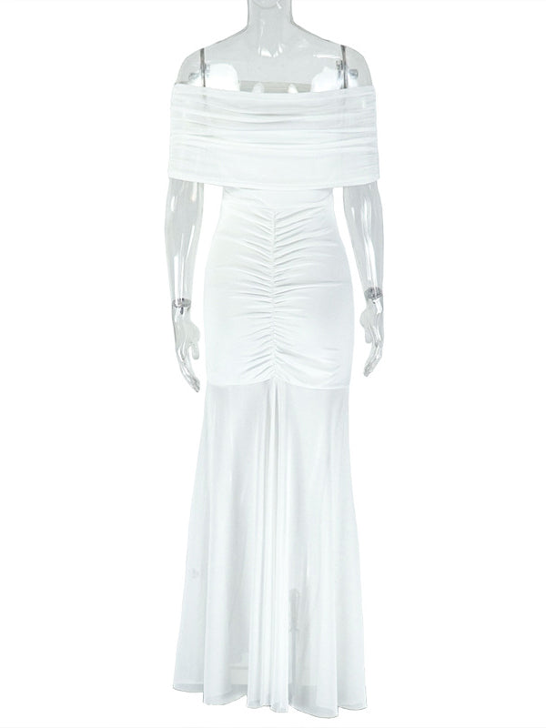 Momyknows White Off Shoulder Ruched Grenadine Sheer Baby Shower Maternity Maxi Dress