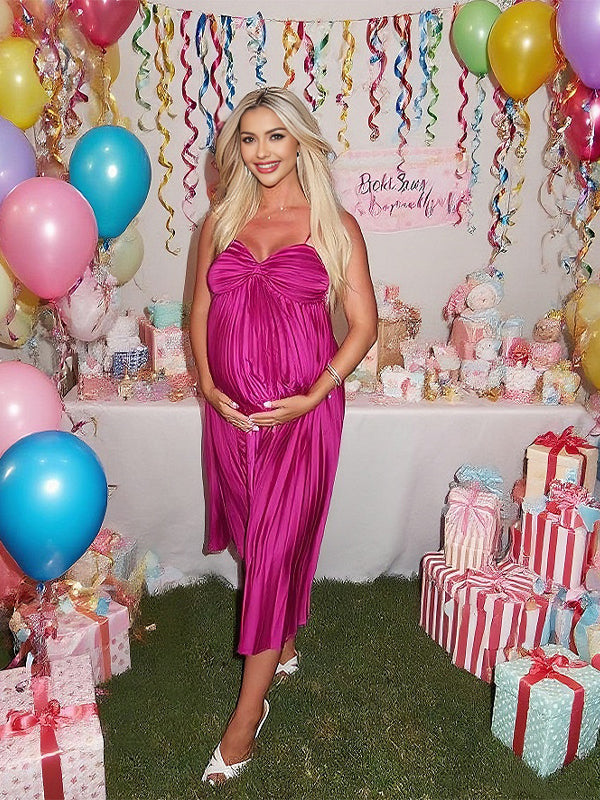 Momyknows Rose Carmine Pleated Irregular Baby Shower Maternity Maxi Dress