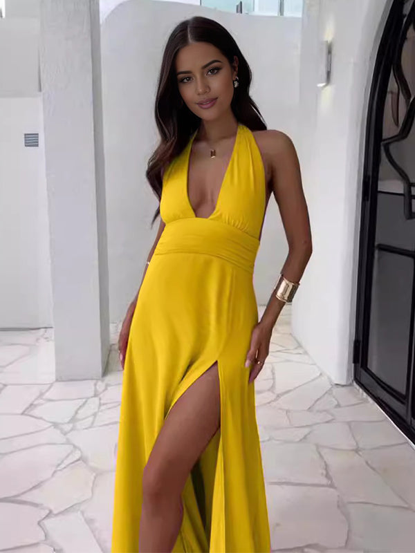 Momyknows Side Slit Deep V-neck Backless Maternity Maxi Dress