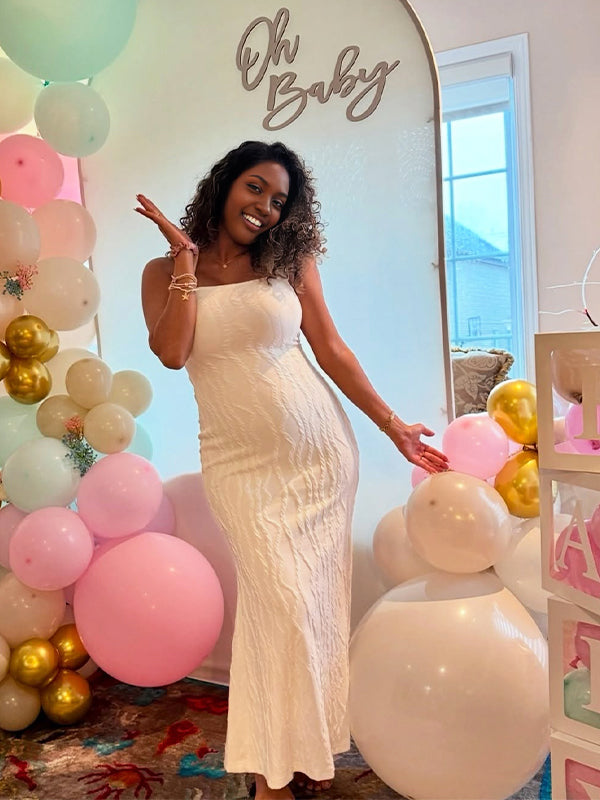 Momyknows White Wavy Edge Backless Baby Shower Maternity Maxi Dress