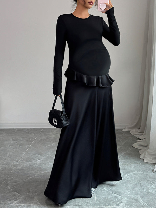 Momyknows Black Ruffle Elegant Round Neck Maternity Maxi Dress