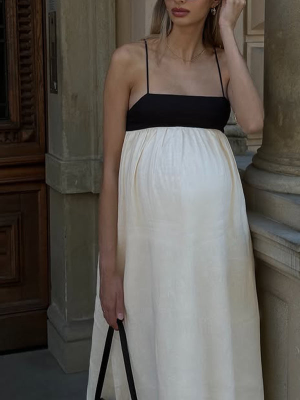 Momyknows Beige And Black Spaghetti Straps Sleeveless Collarless Elegant Photoshoot Maternity Baby Shower Midi Dress