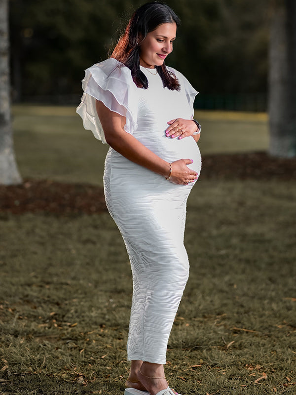 Momyknows White Tulle Ruffle Back Slit Bodycon Maternity Maxi Dress
