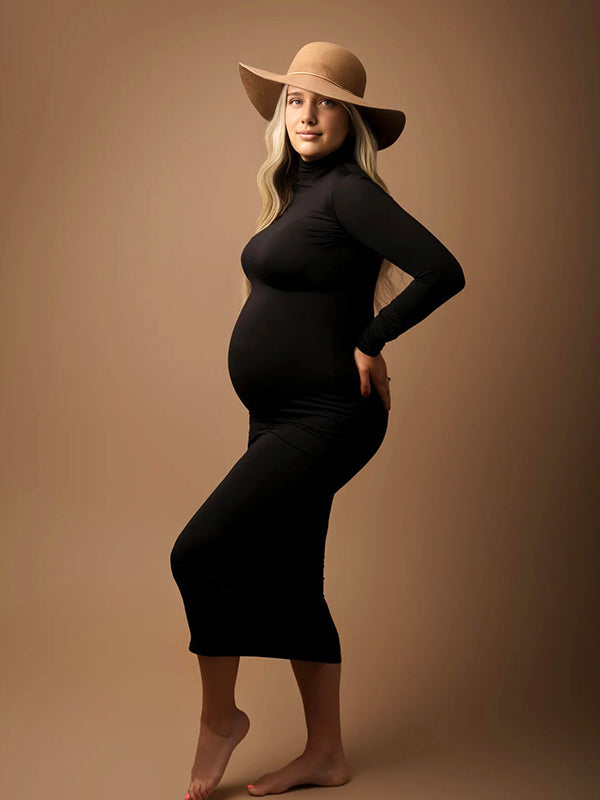 Momyknows Black High Neck Bodycon Maternity Photoshoot Midi Dress Black / XL
