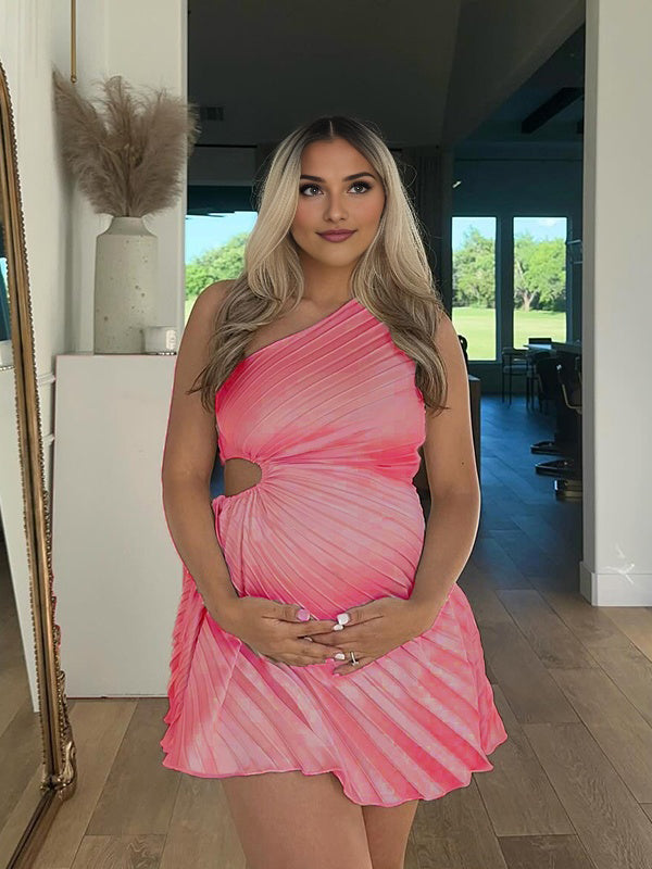 Momyknows One Shoulder Pleated Cut Out Party Maternity Mini Dress Pink / L