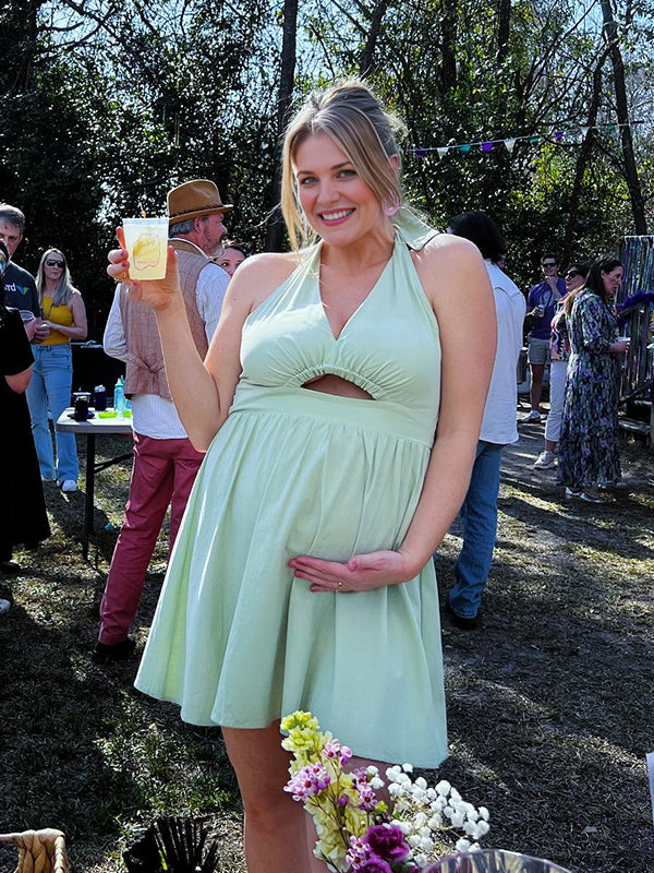 Momyknows Green Halter Neck Ruched Maternity Baby Shower Mini Dress Green / L