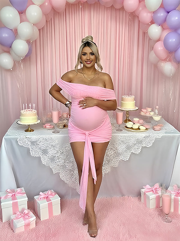 Momyknows Pink Off Shoulder Draped Baby Girl Shower Maternity Mini Dress