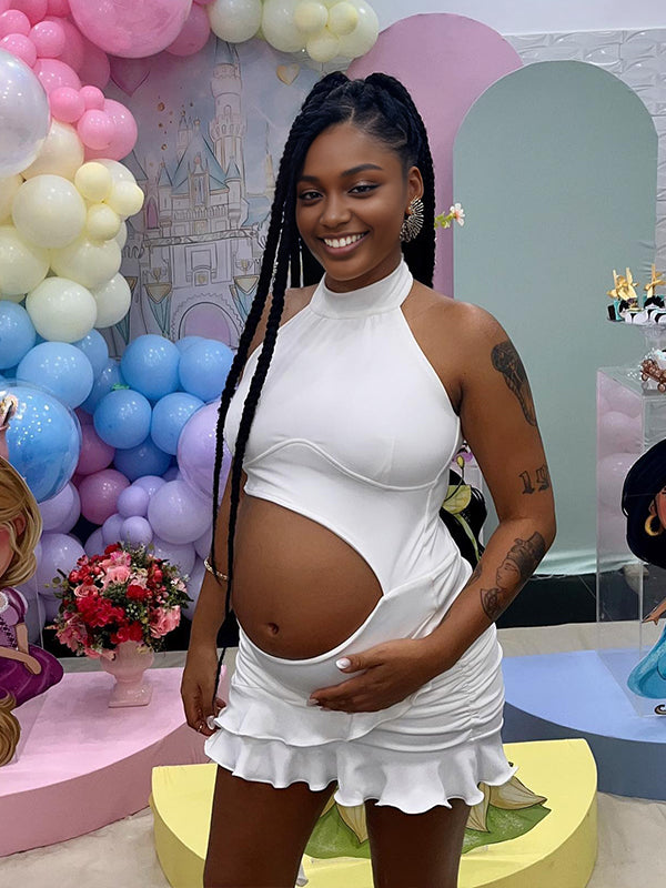 Momyknows White Halter Neck Backless Crop Maternity Baby Shower Mini Dress
