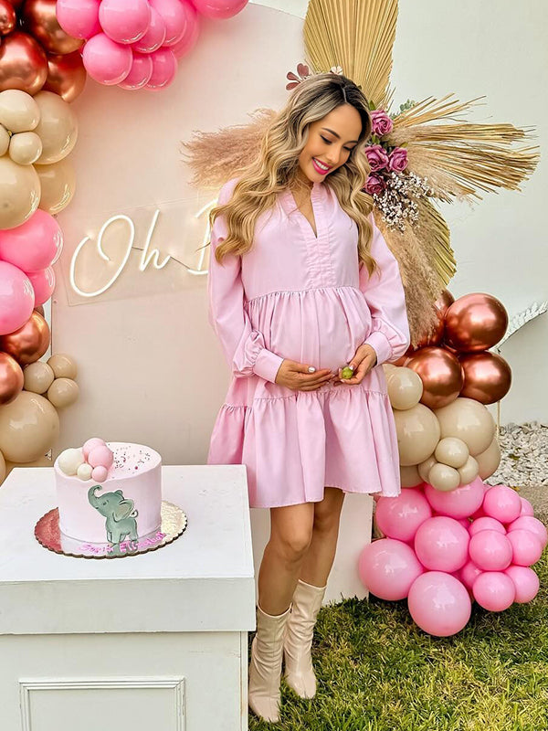 Momyknows Pink Ruched Deep V-neck Maternity Baby Shower Mini Dress