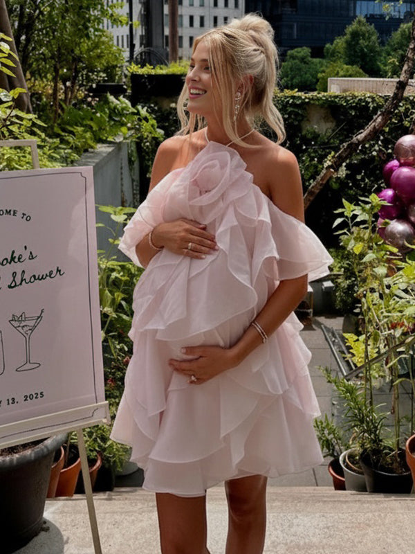 Momyknows 3D Flower Layered Ruffle Cami Backless Maternity Mini Dress