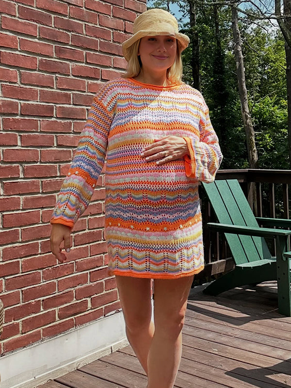 Momyknows Orange Round Neck Striped Crochet Maternity Sweater Mini Dress