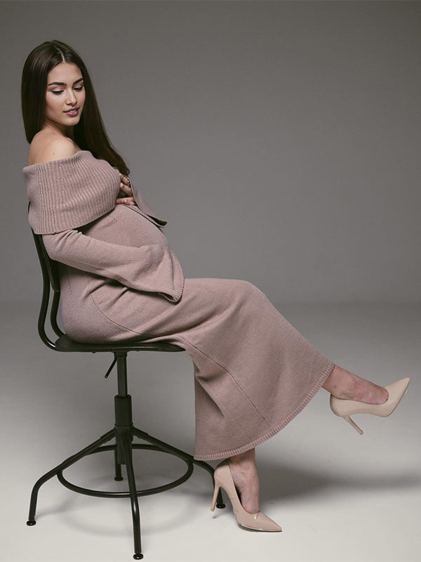 Momyknows Khaki Off Shoulder Photoshoot Maternity Maxi Sweater Dress