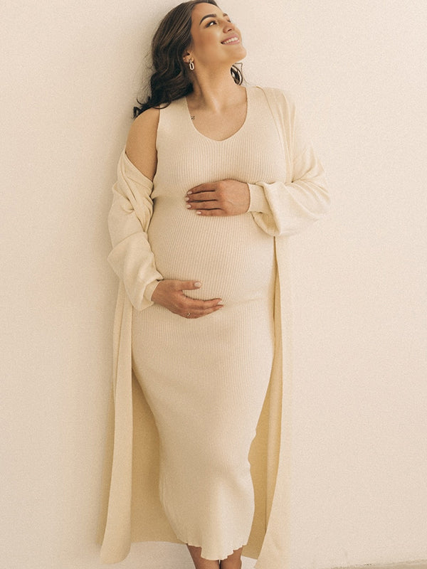 Momyknows White Knitting Two Pieces Cardigan Photoshoot Maternity Sweater Maxi Dress