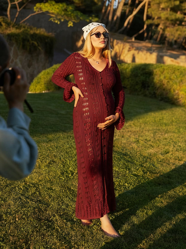 Momyknows Burgundy Buttons Cut Out Ruffle Photoshoot Maternity Maxi Sweater Dress