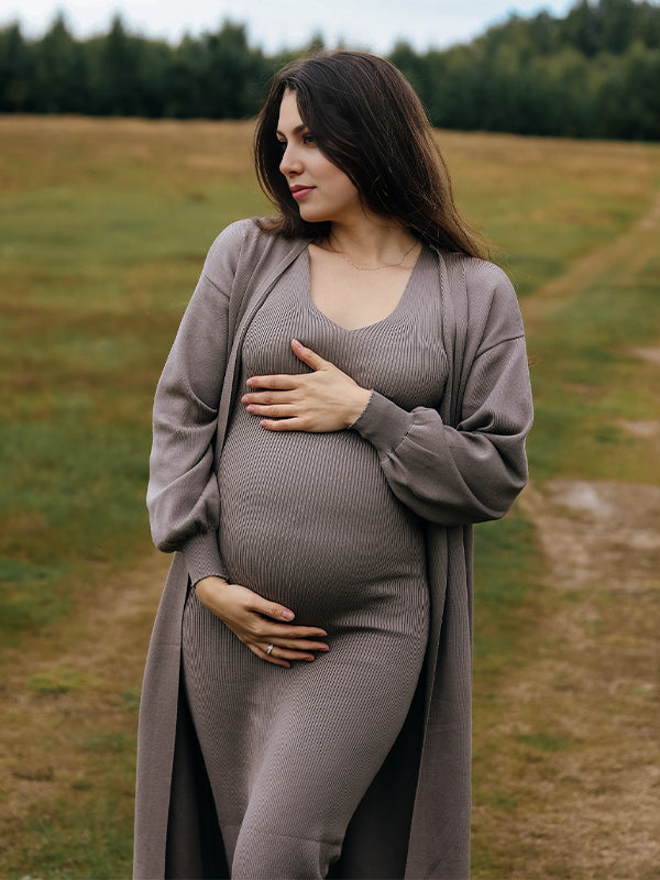 Momyknows Dark Brown 2 Pieces Knit Baby Shower Maternity Maxi Sweater Dress
