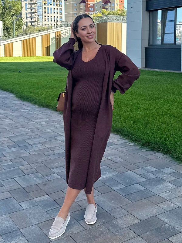 Momyknows Coffee 2 Pieces Knit Baby Shower Maternity Maxi Sweater Dress