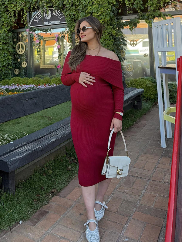 Momyknows Dark Red Off Shoulder Maternity Maxi Sweater Dress