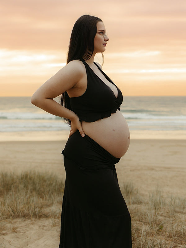 Momyknows Black Halter Neck Ruched Two Piece Maternity Photoshoot Maxi Dress