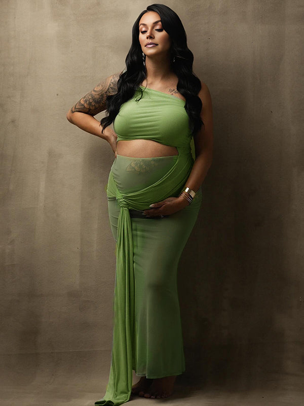Momyknows Green Kink Oblique Shoulder Two Piece Maternity Photoshoot Maxi Dress Green / S